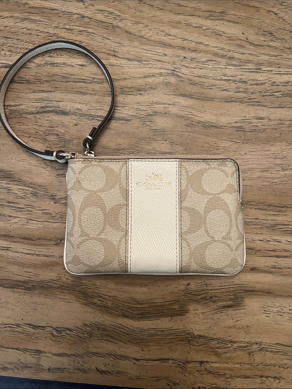 Coach Signature Beige and Cream Wristlet